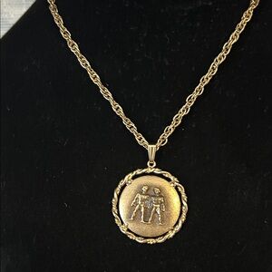 Vintage MC Gold tone Medallion Pewter Gemini Necklace with Chain